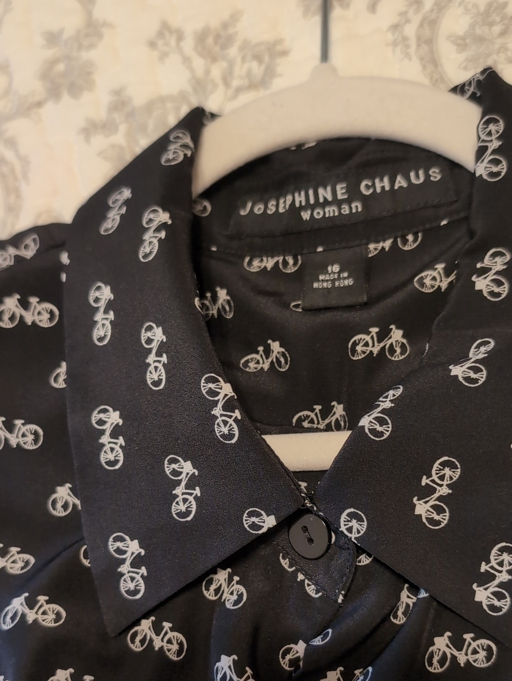 Chaus Black Button-Up Blouse with White Bicycle Print